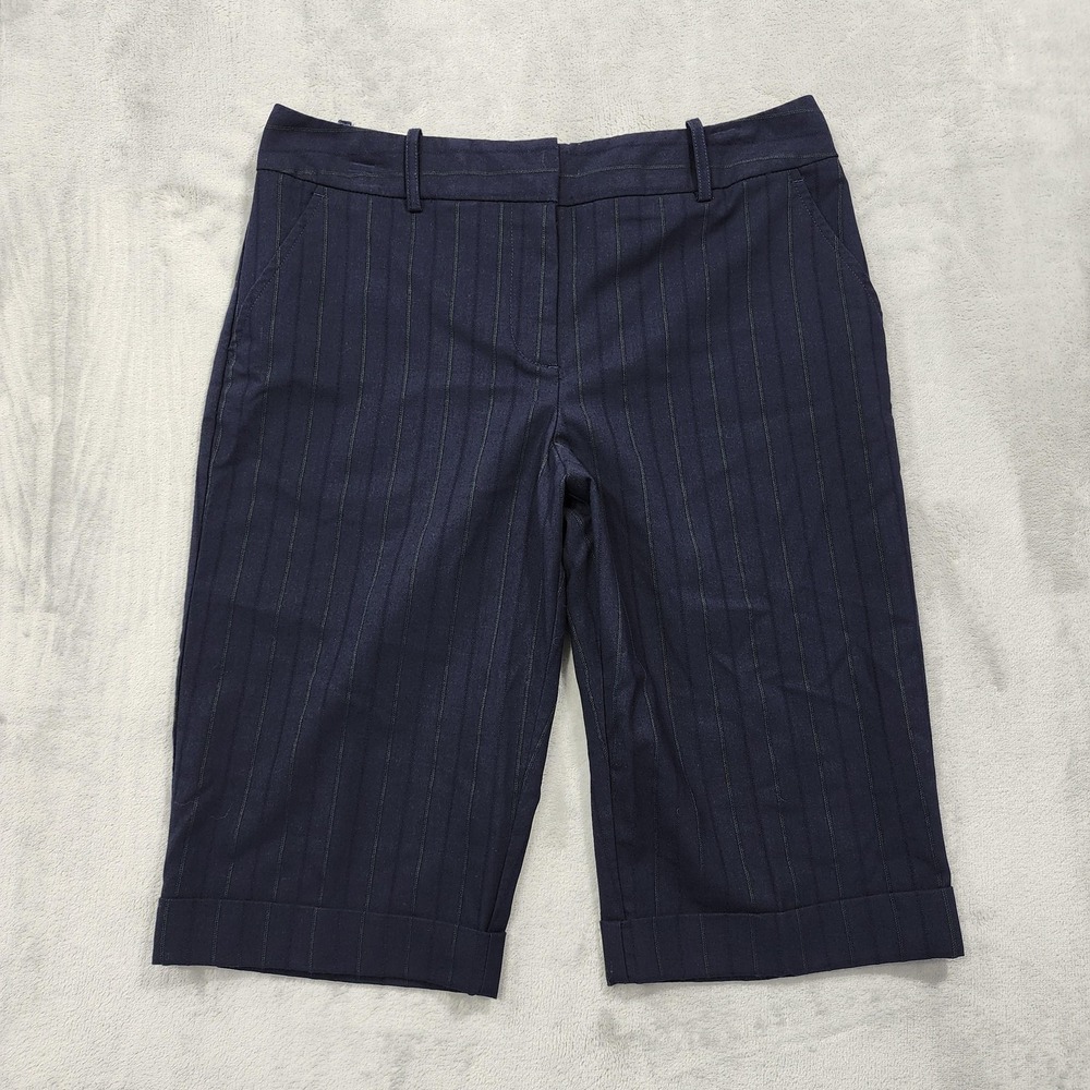 Vintage Worthington Shorts Womens 6P PETITE Blue Striped Bermuda Cuffed Stretch